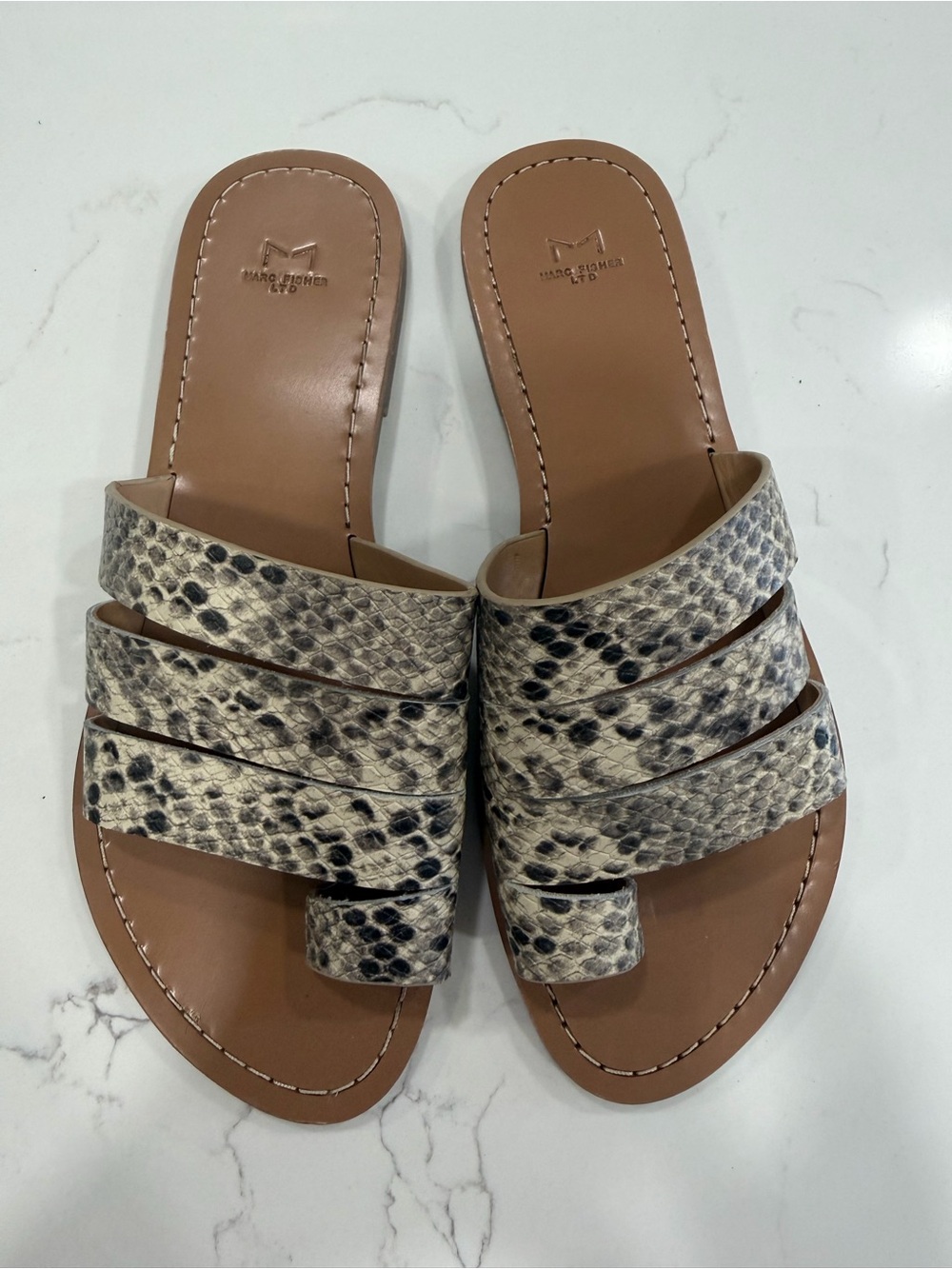 Marc Fisher Women's Snake-Print Slide Sandals in Tan and Black